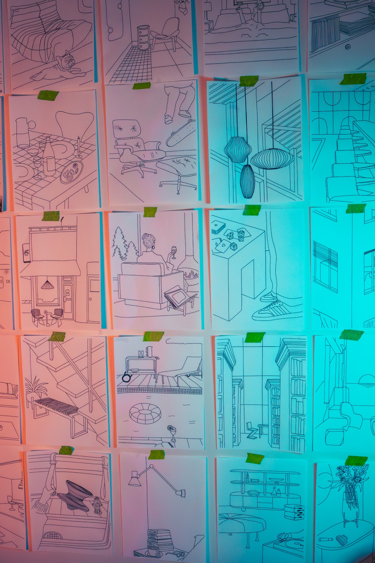 Wall of Low Light coloring book illustrations under pink and teal light