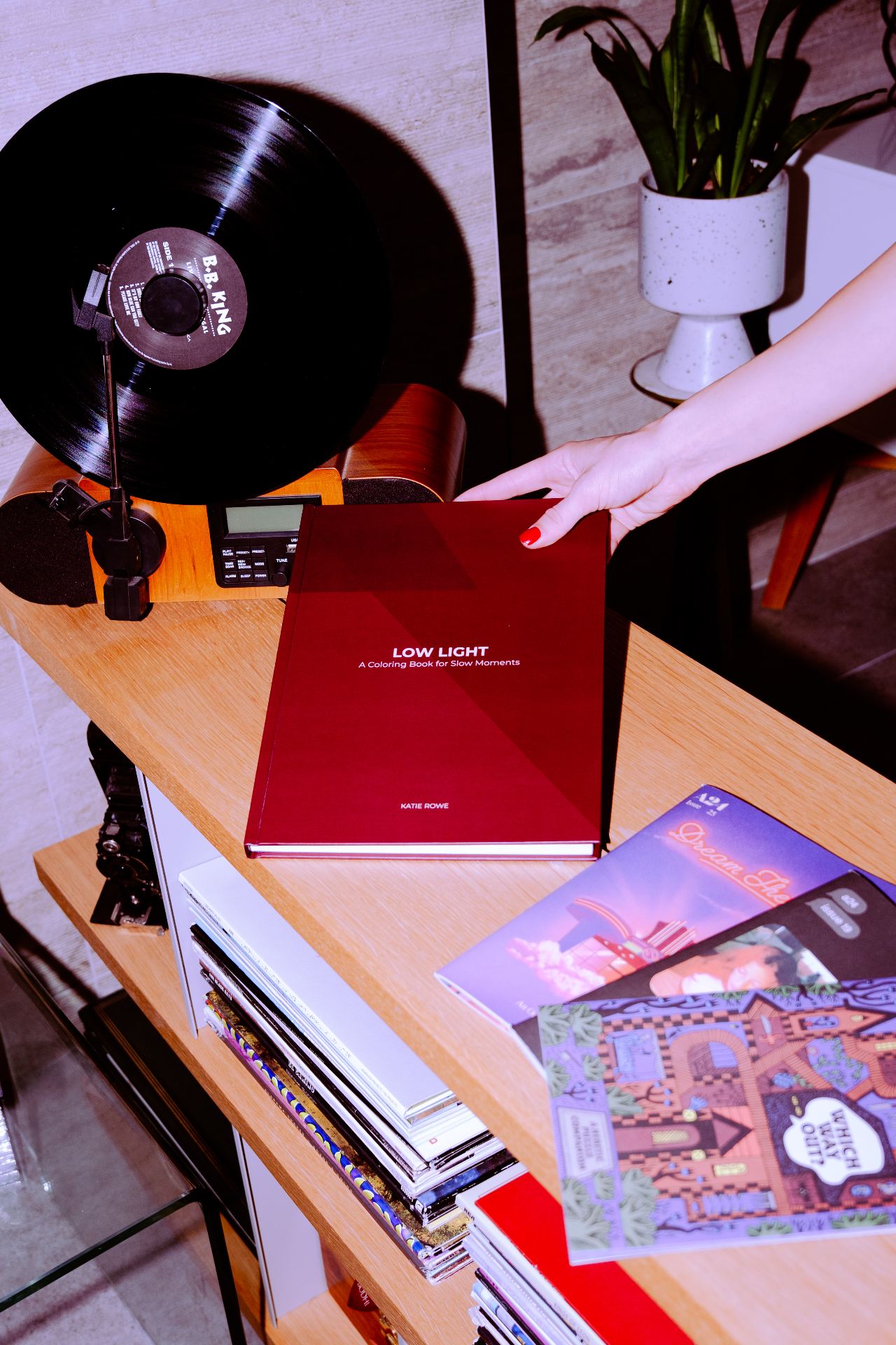 Low Light book with vinyl player